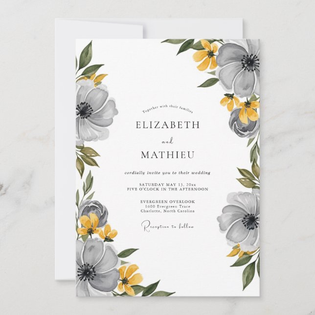 Convites Casamento Primavera Floral Amarelo Cinza (Frente)