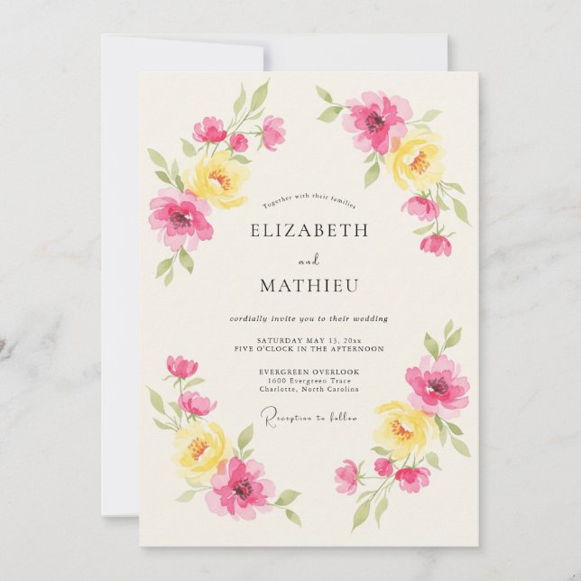 Convites Casamento Primavera Floral Rosa Amarelo (Frente)