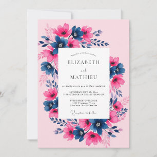 Convites Casamento Primavera Fuchsia Navy Pintado à Mão
