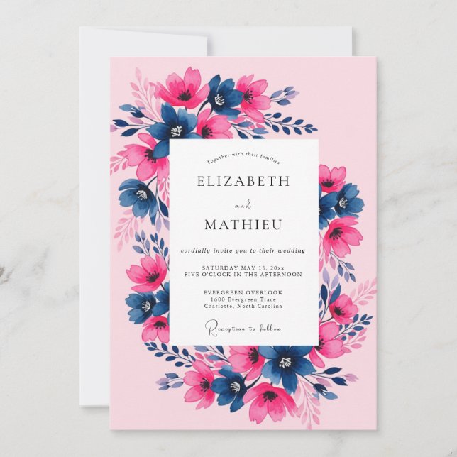 Convites Casamento Primavera Fuchsia Navy Pintado à Mão (Frente)