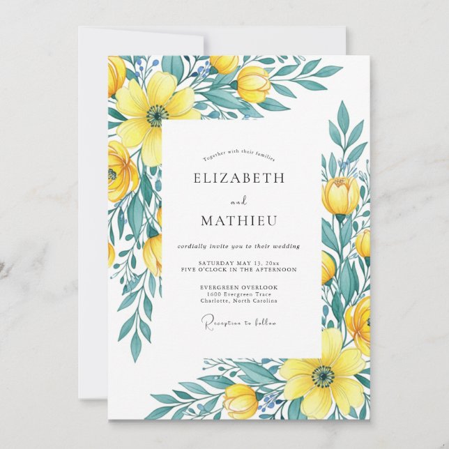 Convites Casamento Primavera Lustroso Amarelo Azul (Frente)