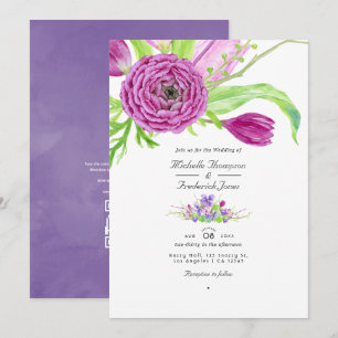 Convites Casamento Primavera RSVP Código QR Floral Aquarela