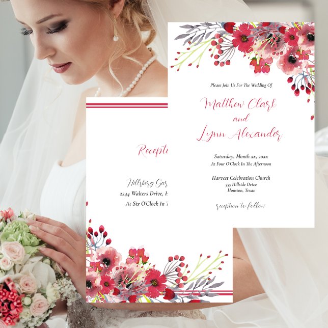 Convites Casamento primavera Watercolor Flores Vermelhos Pó (Spring Colors Watercolor Wedding Invitation)