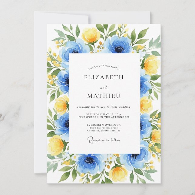 Convites Casamento Primaveril Abundante Azul Azure (Frente)