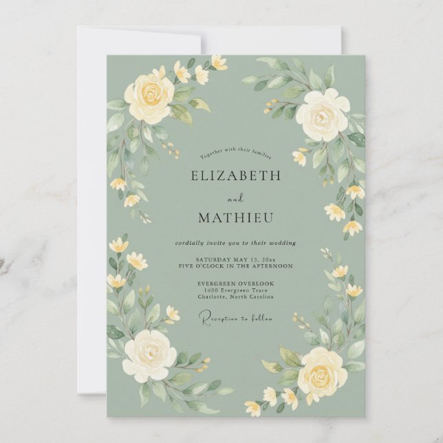 Convites Casamento Primaveril Imaculado em Verde Sage (Frente)