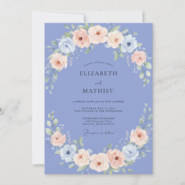 Convites Casamento Primaveril Pitoresco de Tons Azul-Violet (Frente)