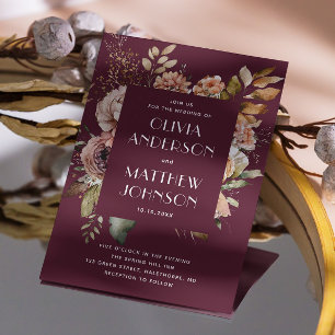 Convites Casamento Profundo de Merlot   Floral Burgundy Plu