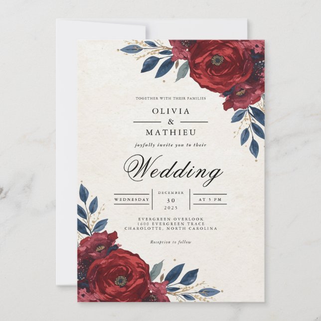 Convites Casamento Profundo do Arch Bloom Crimson (Frente)