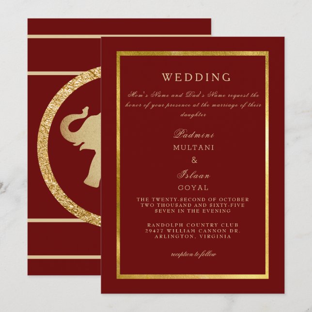 Convites Casamento Profundo Vermelho Dourado Real  (Frente/Verso)
