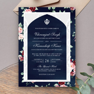 Convites Casamento Punjabi Sikh Anand Karaj Azul Naval Flor