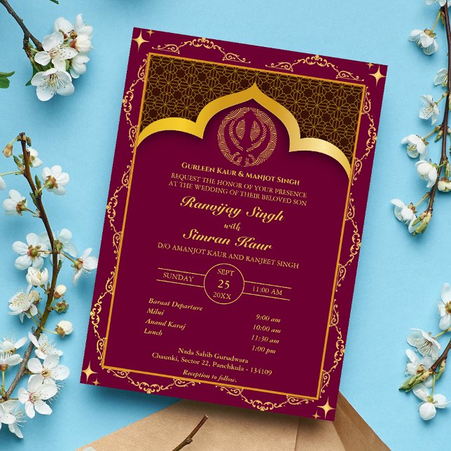 Convites Casamento Punjabi Sikh Anand Karaj Floral (Criador carregado)