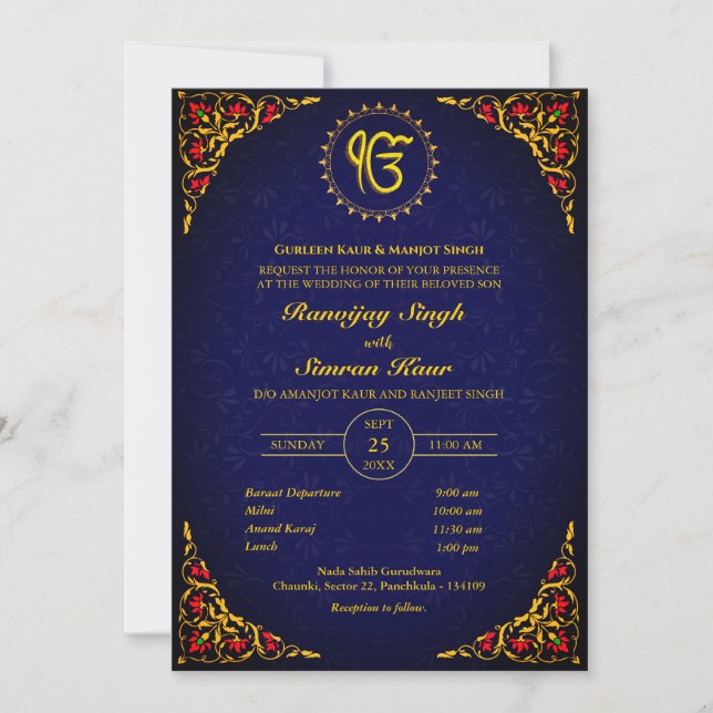 Convites Casamento Punjabi Sikh Anand Karaj Ouro (Frente)
