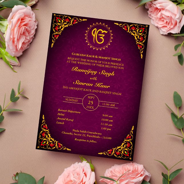 Convites Casamento Punjabi Sikh Anand Karaj Ouro (Criador carregado)