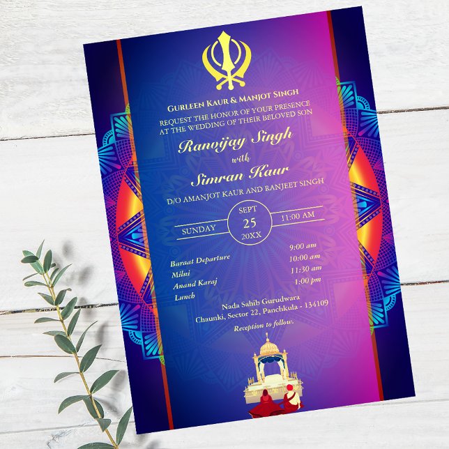 Convites Casamento Punjabi Sikh Anand Karaj Ouro (Criador carregado)