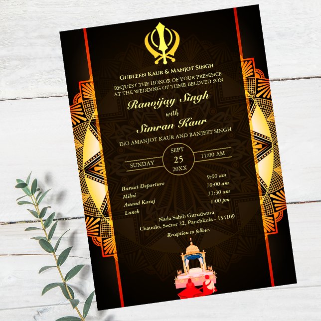 Convites Casamento Punjabi Sikh Anand Karaj Ouro (Criador carregado)