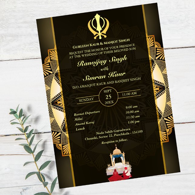 Convites Casamento Punjabi Sikh Anand Karaj Ouro (Criador carregado)