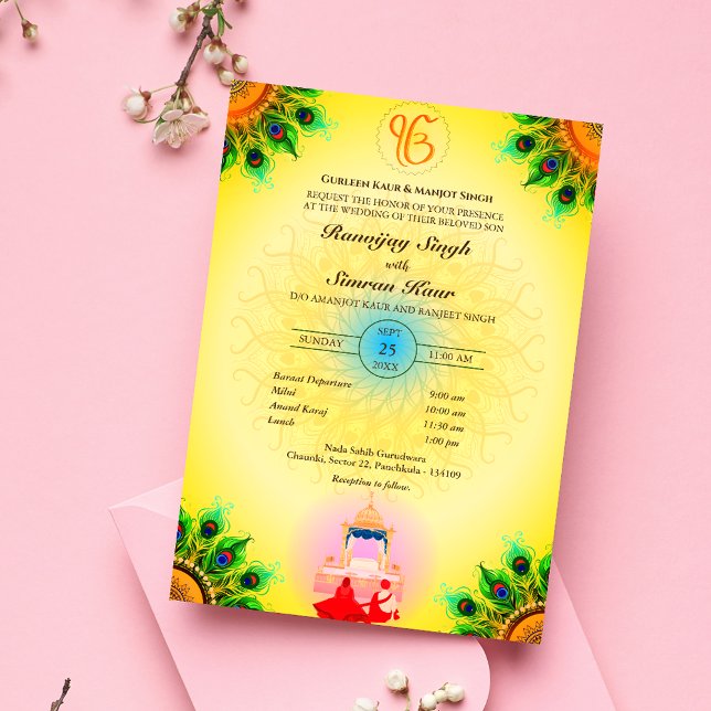 Convites Casamento Punjabi Sikh Anand Karaj Peacock Feather (Criador carregado)