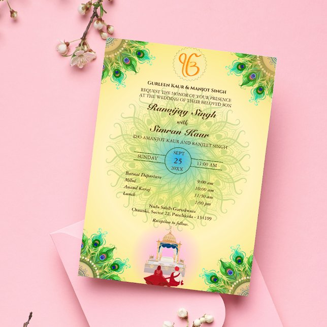 Convites Casamento Punjabi Sikh Anand Karaj Peacock Feather (Criador carregado)