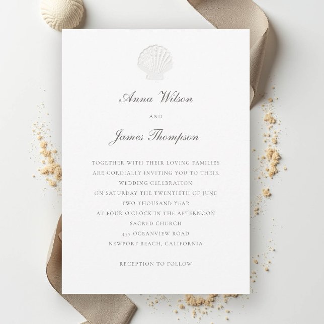 Convites Casamento Pura Clássico Formal de Shell Náutico Co (nautical coastal wedding invitation modern classic formal traditional elegant shell pure white)