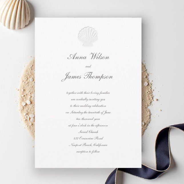 Convites Casamento Pura com Script Clássico de Shell Náutic (nautical coastal wedding invitation modern classic formal traditional script elegant shell pure whte)