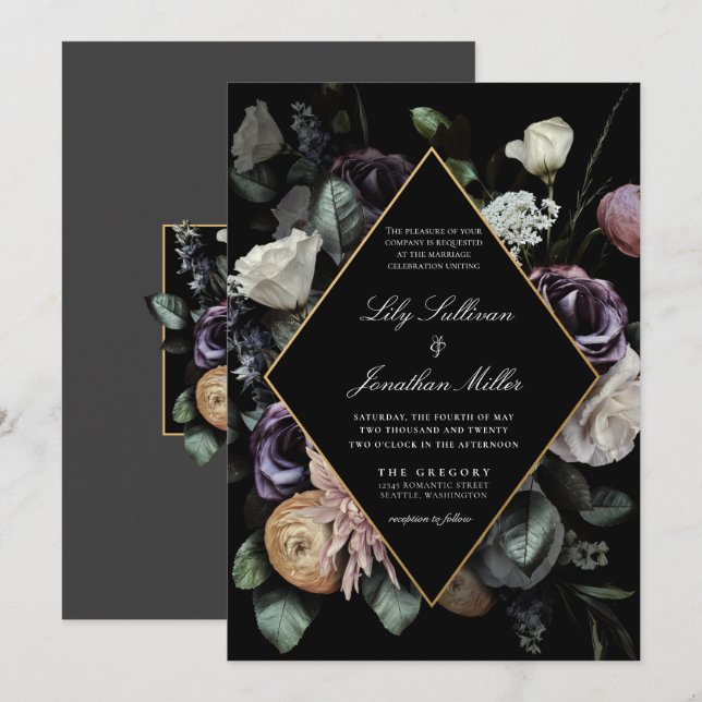 Convites Casamento Puro de Quadro Floral do Autumn Dark Moo (Frente/Verso)