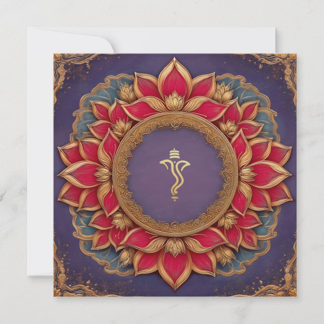 Convites Casamento Purple Dourado de Lotus Indian Ganesh (Frente)