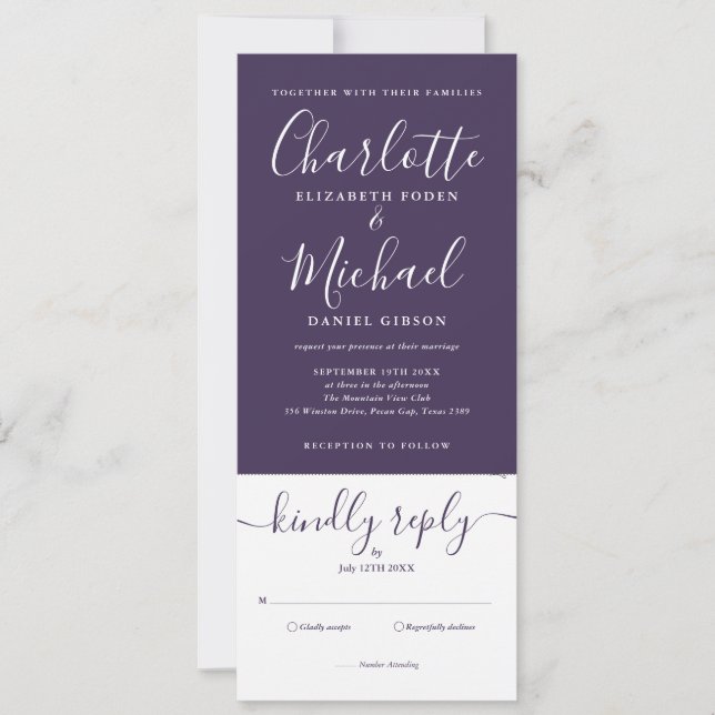 Convites Casamento Purple Elegant Script Tudo Em Um (Frente)