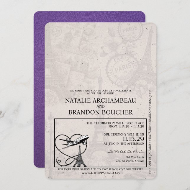Convites Casamento Purple Paris Passport (Frente/Verso)