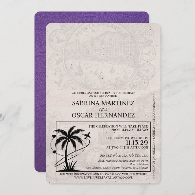 Convites Casamento Purple Puerta Vallarta Passaporte (Frente/Verso)