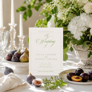 Convites Casamento QR Caligrafia Marfim Verde Oliva Clássic