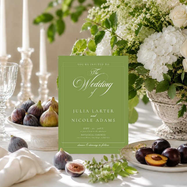 Convites Casamento QR Caligrafia Marfim Verde Oliva Clássic (Criador carregado)