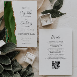 Convites Casamento QR Code Ágata Dourada Verde Caçador Mode