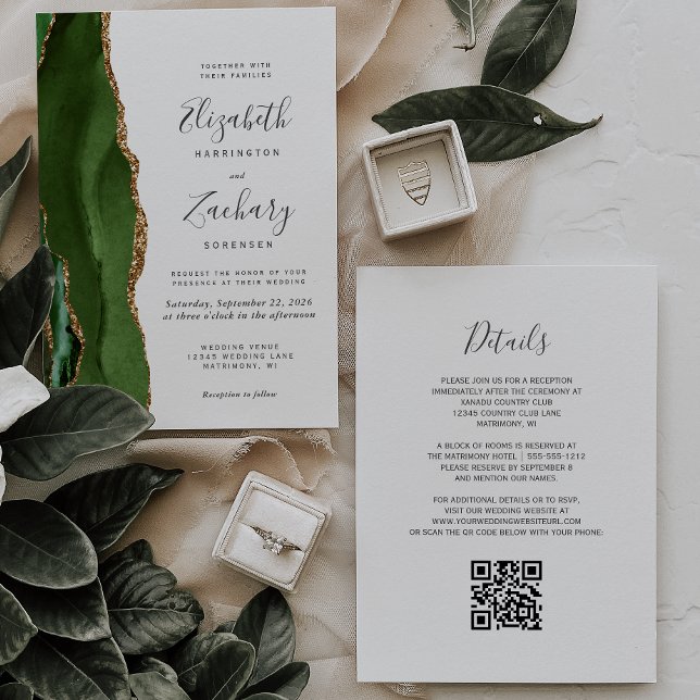 Convites Casamento QR Code Ágata Dourada Verde Caçador Mode (Criador carregado)