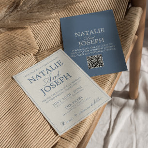 Convites Casamento QR Code Azul e Branco Chique e Antigo