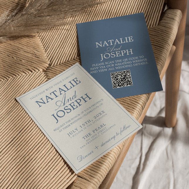 Convites Casamento QR Code Azul e Branco Chique e Antigo  (Criador carregado)