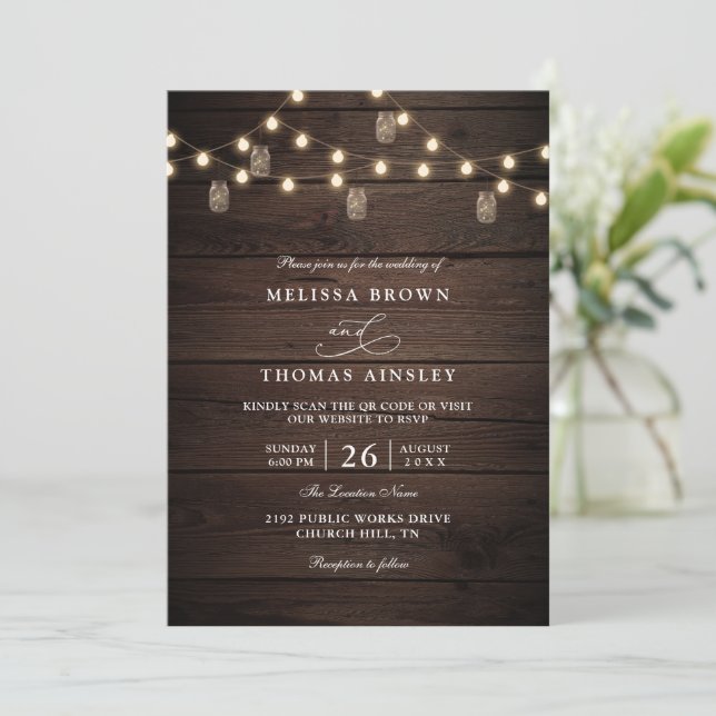 Convites Casamento QR Code Boho Moderno Outono Madeira Rúst (Em pé/Frente)