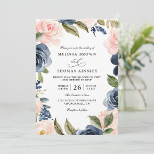 Convites Casamento QR Code Boho Rosa Bege Azul Marinho
