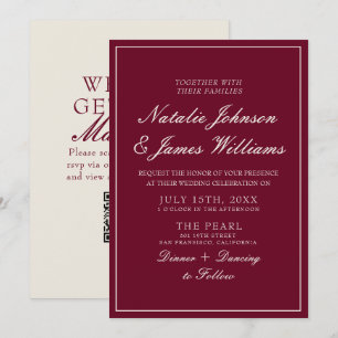 Convites Casamento QR Code Burgundy Clássico Dinheiro Antig