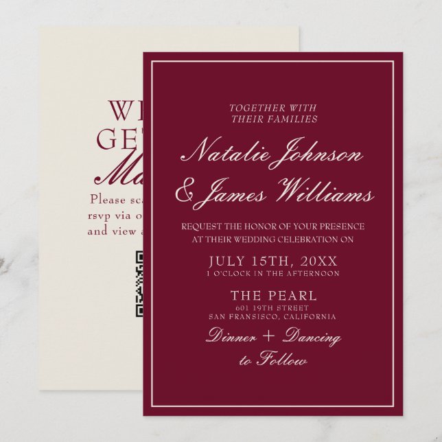 Convites Casamento QR Code Burgundy Clássico Dinheiro Antig (Frente/Verso)