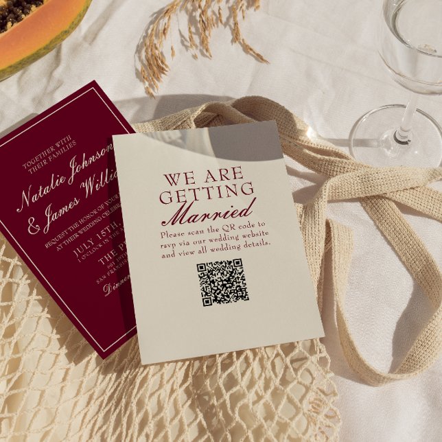 Convites Casamento QR Code Burgundy Clássico Dinheiro Antig (Criador carregado)