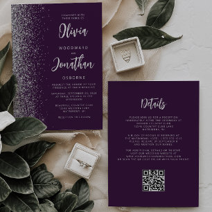 Convites Casamento QR Code Caligrafia Brilho Prata Roxo