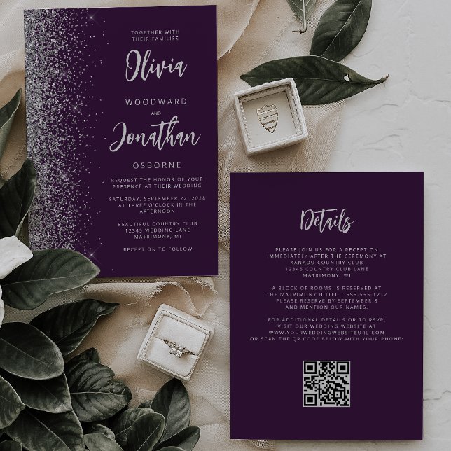 Convites Casamento QR Code Caligrafia Brilho Prata Roxo (Criador carregado)