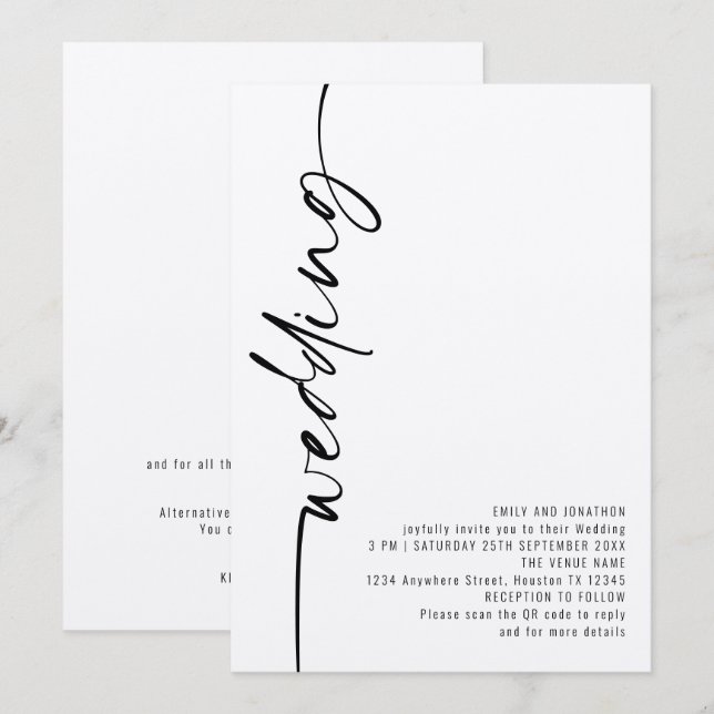 Convites Casamento QR Code Caligrafia Moderna (Frente/Verso)