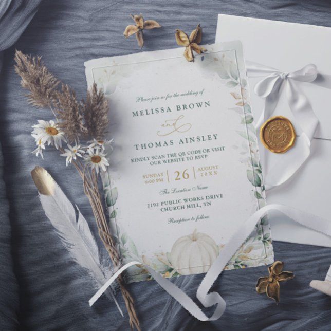 Convites Casamento QR Code Chic de Outono em Verde com Abób (Criador carregado)
