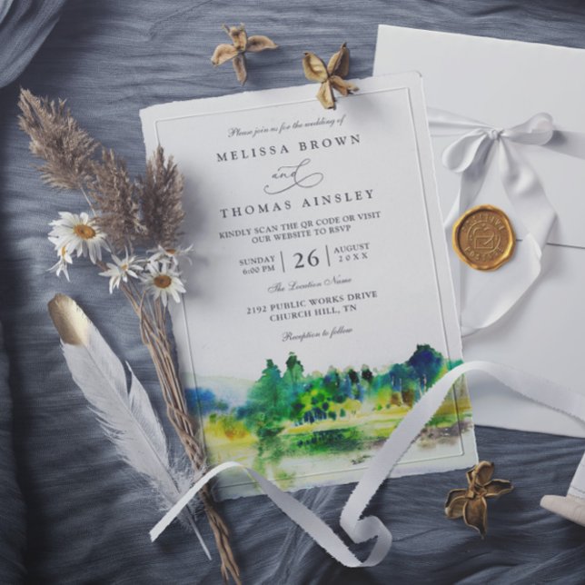 Convites Casamento QR Code Chic Rio Montanha Campo (Criador carregado)