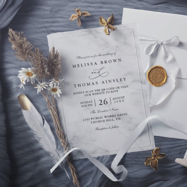 Convites Casamento QR Code Clássico Mármore Simples Elegant (Criador carregado)