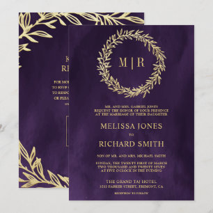 Convites Casamento QR Code de Galho de Folha de Ouro Roxo E