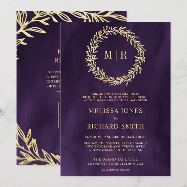 Convites Casamento QR Code de Galho de Folha de Ouro Roxo E (Frente/Verso)