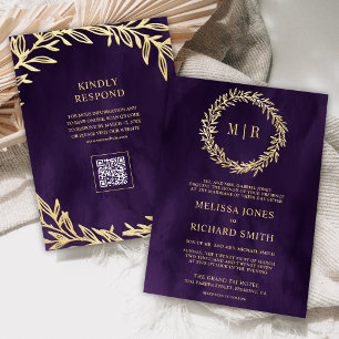 Convites Casamento QR Code de Galho de Folha de Ouro Roxo E