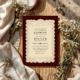 Convites Casamento QR Code de renda de papel vintage burgun